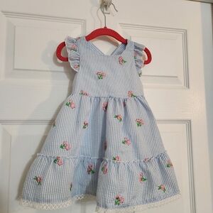 Rare Editions Blue White Striped Seersucker Dress Floral Embroidery Sz 18 Months